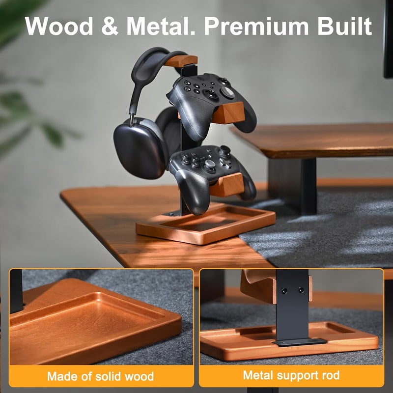 HUMANCOZY Solid Wood Controller Holder and Headphone Stand, Gaming Controller Stand for Desk, Dual Controller Organizer Rack, Fits Xbox, PS4, PS5, Gamepad, Headset Holder for Son, Husband, Boyfriend - Image 3